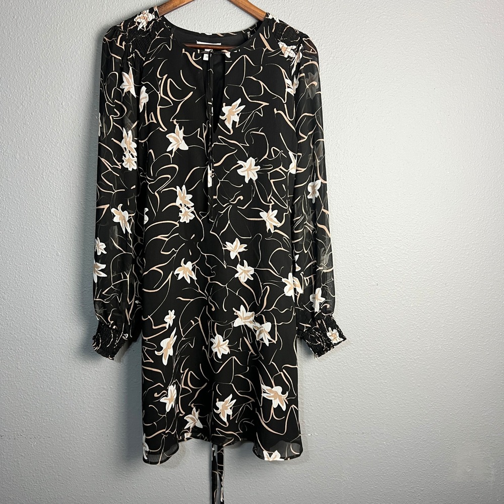 Elizabeth and‎ James Floral Print Dress Long Smocked Hem Sleeve Sheer Black L